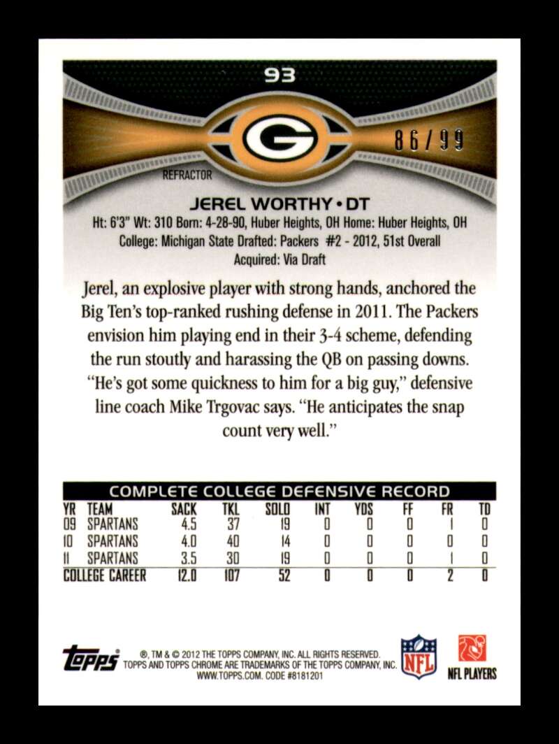 Load image into Gallery viewer, 2012 Topps Chrome Sepia Refractor Jerel Worthy #93 Green Bay Packers Rookie RC /99  Image 2
