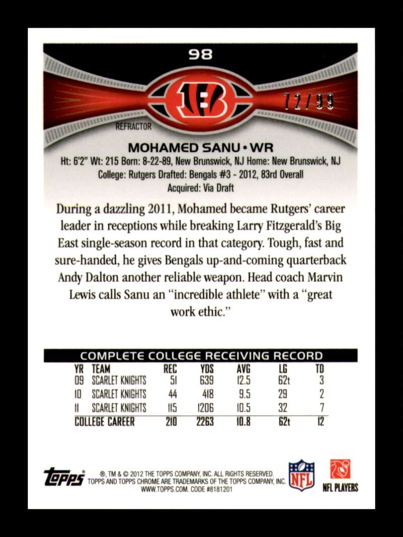 Load image into Gallery viewer, 2012 Topps Chrome Sepia Refractor Mohamed Sanu #98 Cincinnati Bengals Rookie RC /99  Image 2
