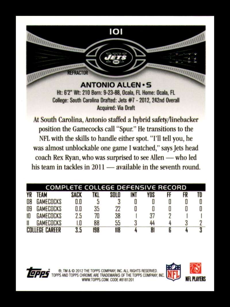 Load image into Gallery viewer, 2012 Topps Chrome Sepia Refractor Antonio Allen #101 New York Jets Rookie RC /99  Image 2
