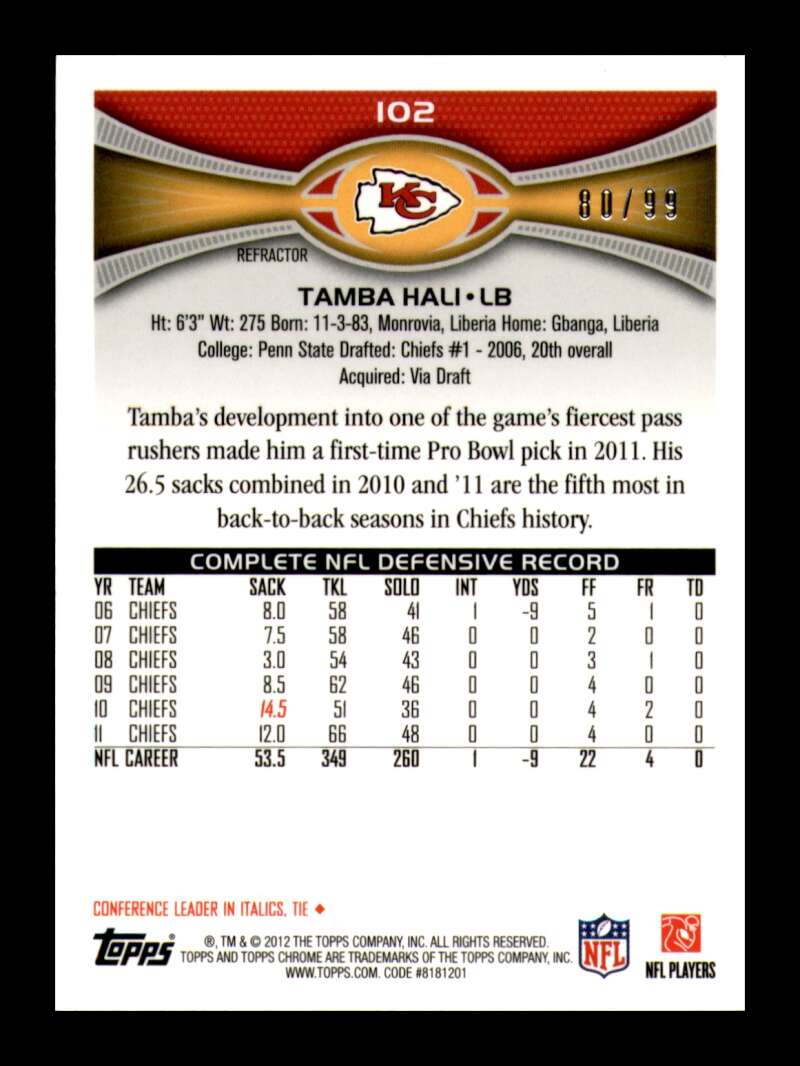 Load image into Gallery viewer, 2012 Topps Chrome Sepia Refractor Tamba Hali #102 Kansas City Chiefs /99  Image 2
