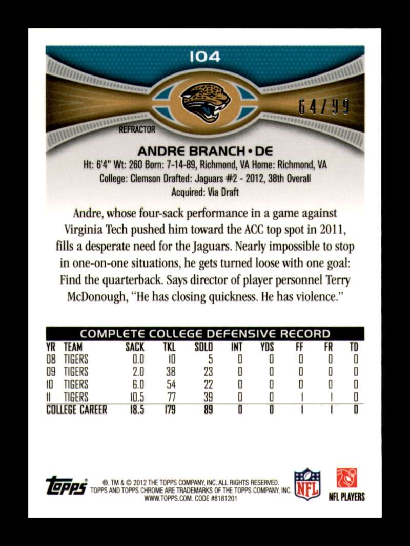 Load image into Gallery viewer, 2012 Topps Chrome Sepia Refractor Andre Branch #104 Jacksonville Jaguars Rookie RC /99  Image 2
