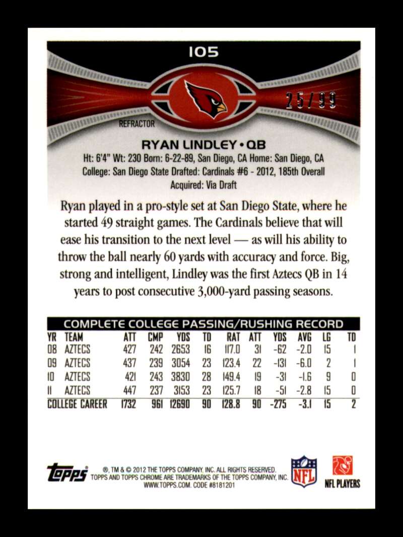 Load image into Gallery viewer, 2012 Topps Chrome Sepia Refractor Ryan Lindley #105 Arizona Cardinals Rookie RC /99  Image 2
