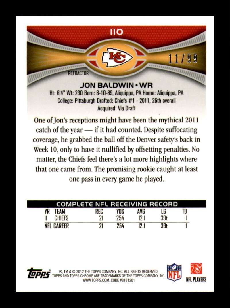 Load image into Gallery viewer, 2012 Topps Chrome Sepia Refractor Jonathan Baldwin #110 Kansas City Chiefs /99  Image 2
