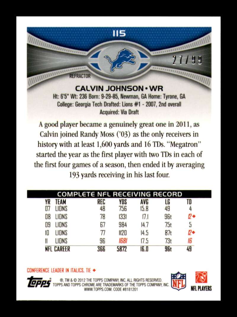 Load image into Gallery viewer, 2012 Topps Chrome Sepia Refractor Calvin Johnson #115 Detroit Lions /99  Image 2
