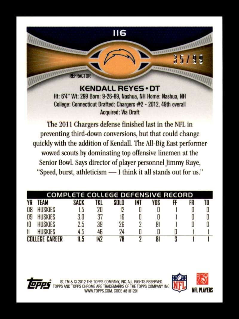 Load image into Gallery viewer, 2012 Topps Chrome Sepia Refractor Kendall Reyes #116 San Diego Chargers Rookie RC /99  Image 2
