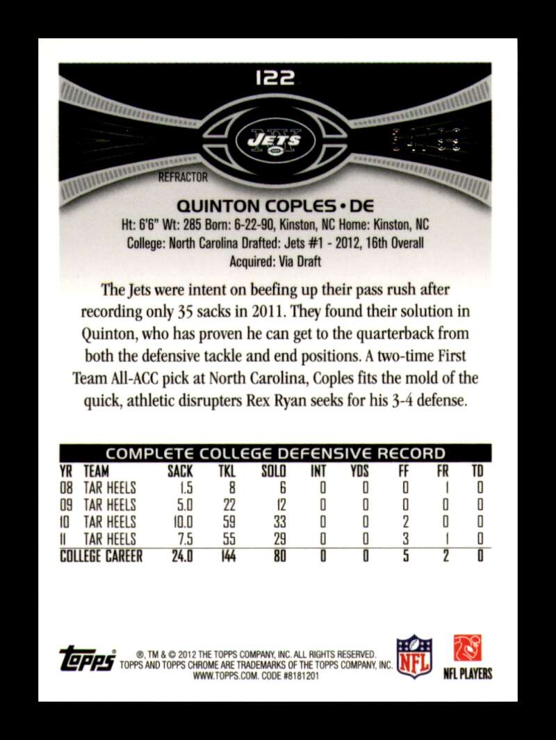 Load image into Gallery viewer, 2012 Topps Chrome Sepia Refractor Quinton Coples #122 New York Jets Rookie RC /99  Image 2
