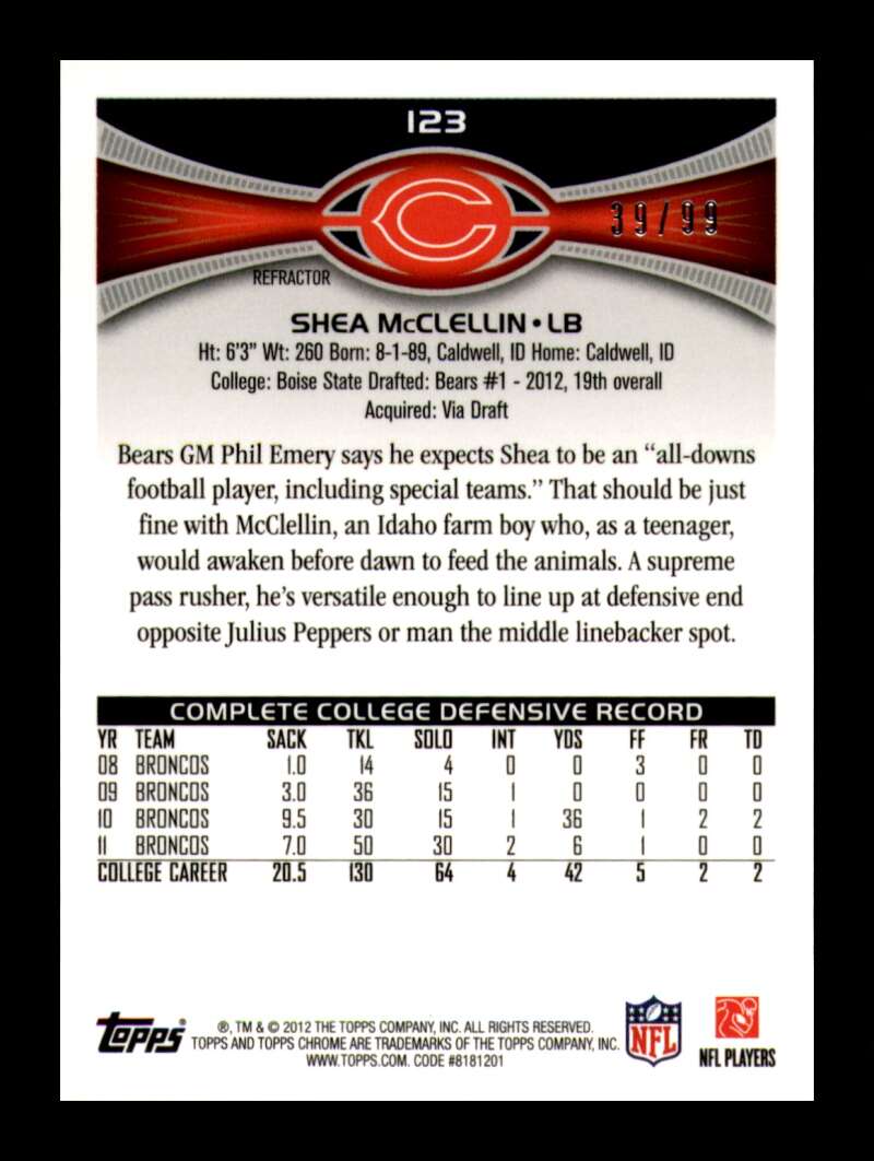 Load image into Gallery viewer, 2012 Topps Chrome Sepia Refractor Shea McClellin #123 Chicago Bears Rookie RC /99  Image 2
