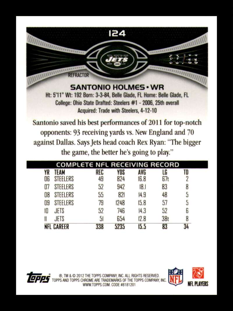 Load image into Gallery viewer, 2012 Topps Chrome Sepia Refractor Santonio Holmes #124 New York Jets /99  Image 2
