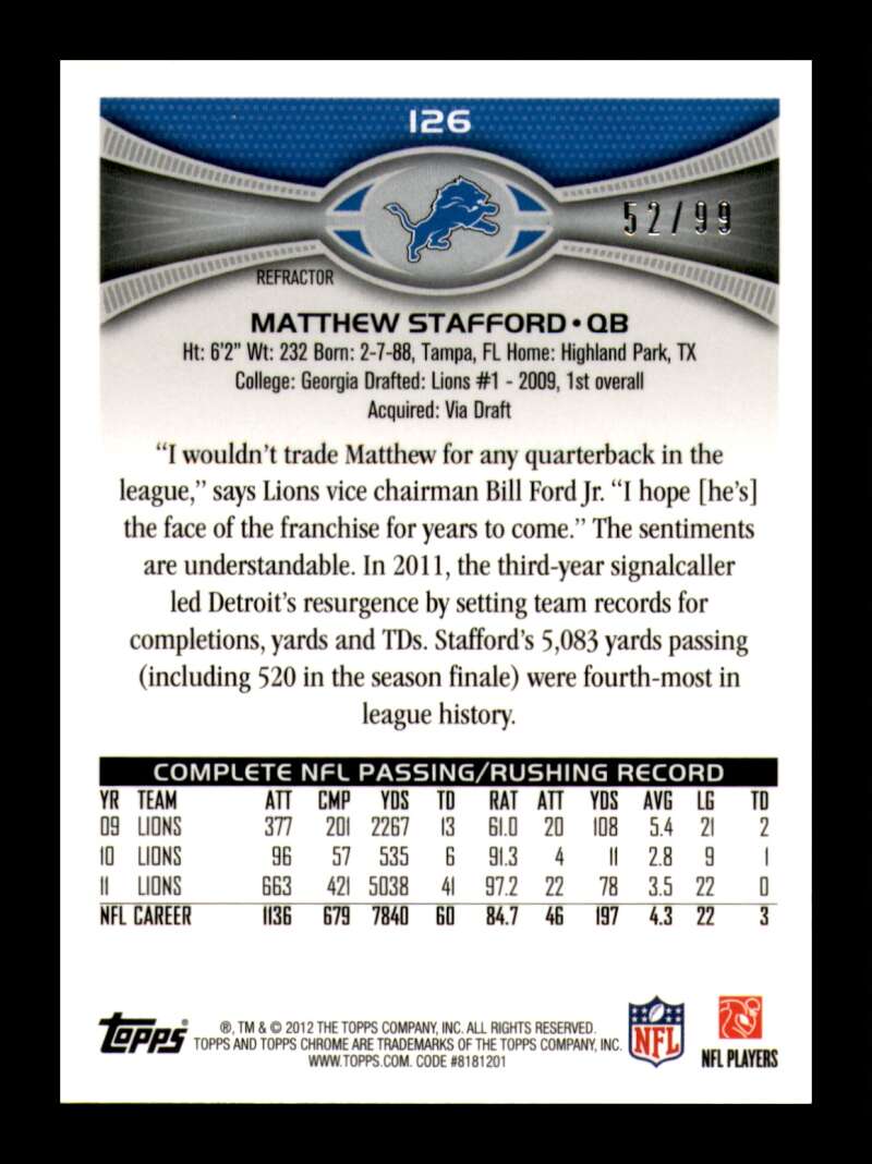 Load image into Gallery viewer, 2012 Topps Chrome Sepia Refractor Matthew Stafford #126 Detroit Lions /99  Image 2
