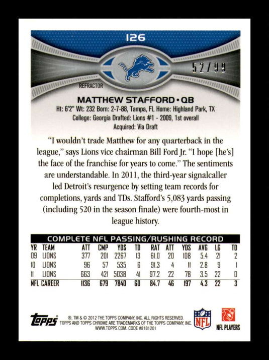 2012 Topps Chrome Sepia Refractor Matthew Stafford