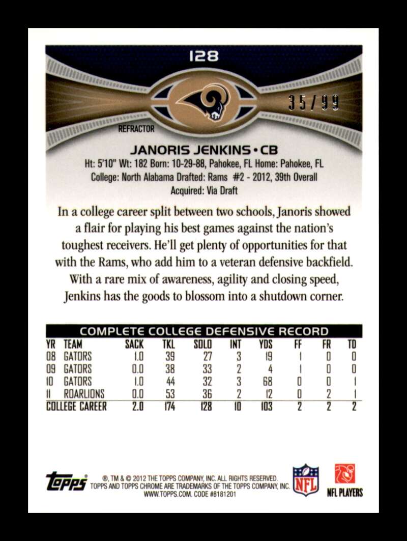 Load image into Gallery viewer, 2012 Topps Chrome Sepia Refractor Janoris Jenkins #128 St. Louis Rams Rookie RC /99  Image 2
