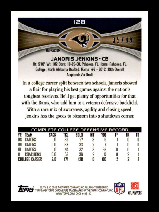 2012 Topps Chrome Sepia Refractor Janoris Jenkins 