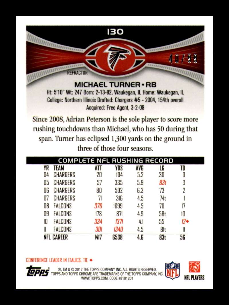 Load image into Gallery viewer, 2012 Topps Chrome Sepia Refractor Michael Turner #130 Atlanta Falcons /99  Image 2
