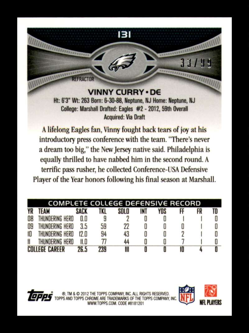 Load image into Gallery viewer, 2012 Topps Chrome Sepia Refractor Vinny Curry #131 Philadelphia Eagles Rookie RC /99  Image 2
