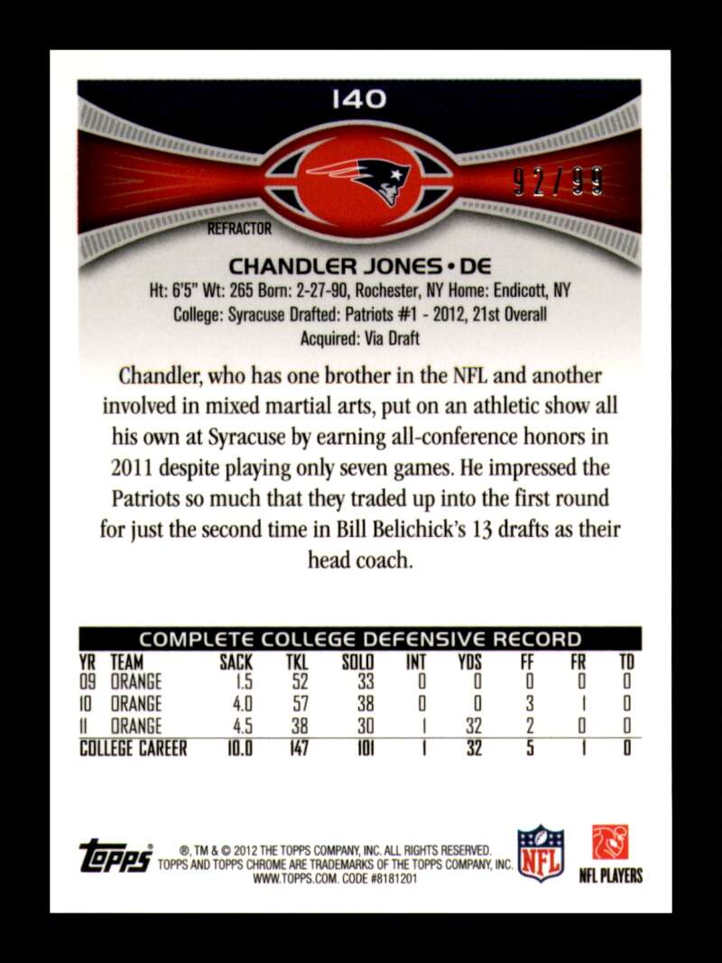 Load image into Gallery viewer, 2012 Topps Chrome Sepia Refractor Chandler Jones #140 New England Patriots Rookie RC /99  Image 2
