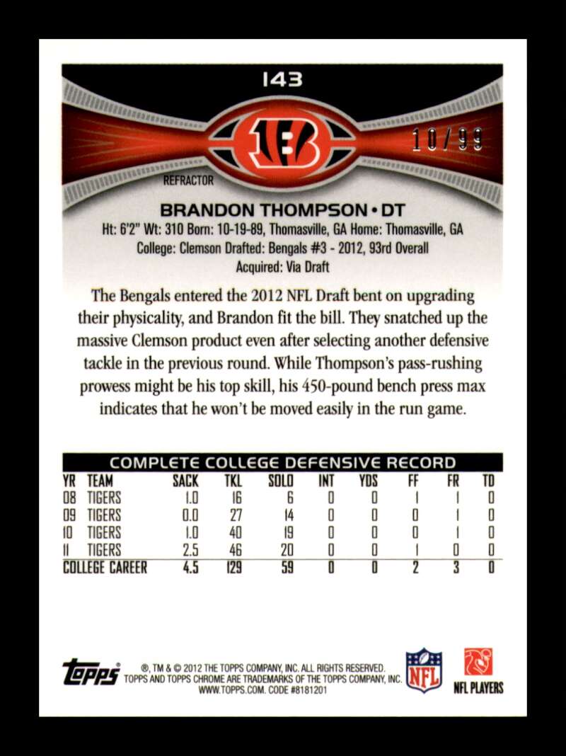 Load image into Gallery viewer, 2012 Topps Chrome Sepia Refractor Brandon Thompson #143 Cincinnati Bengals /99  Image 2
