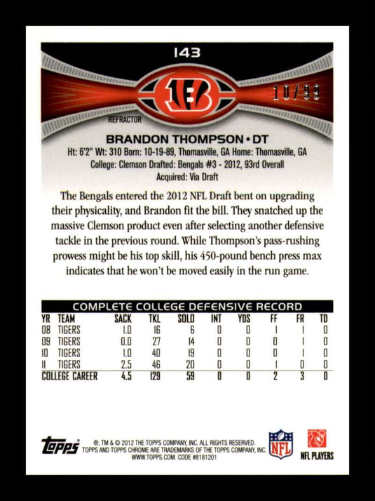 2012 Topps Chrome Sepia Refractor Brandon Thompson