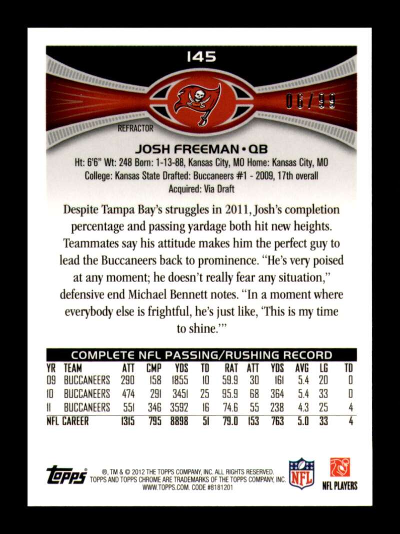 Load image into Gallery viewer, 2012 Topps Chrome Sepia Refractor Josh Freeman #145 Tampa Bay Buccaneers /99  Image 2
