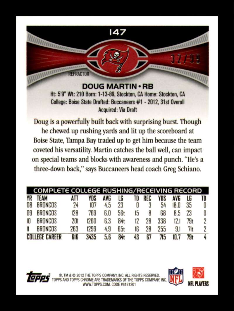 Load image into Gallery viewer, 2012 Topps Chrome Sepia Refractor Doug Martin #147 Tampa Bay Buccaneers Rookie RC /99  Image 2
