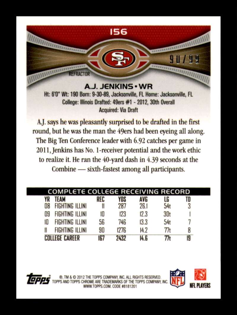 Load image into Gallery viewer, 2012 Topps Chrome Sepia Refractor A.J. Jenkins #156 San Francisco 49ers Rookie RC /99  Image 2
