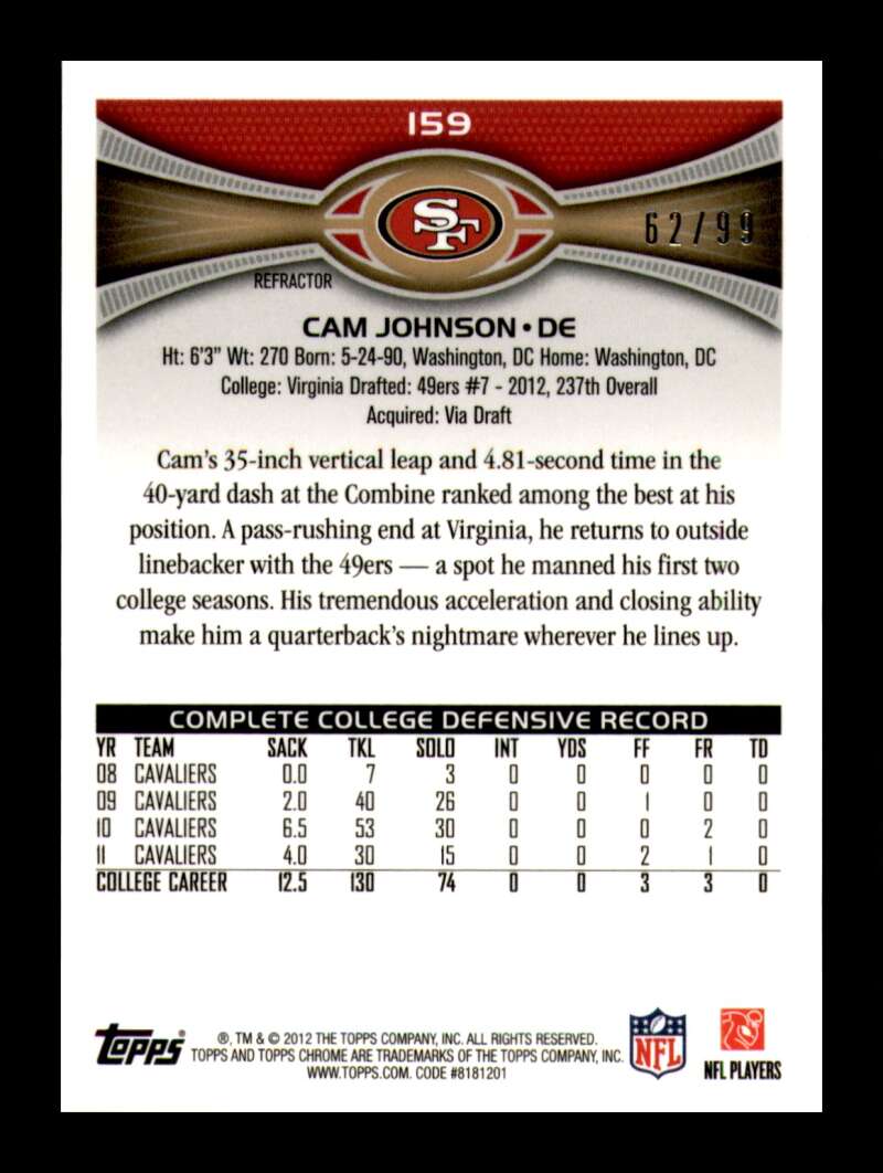 Load image into Gallery viewer, 2012 Topps Chrome Sepia Refractor Cam Johnson #159 San Francisco 49ers Rookie RC /99  Image 2
