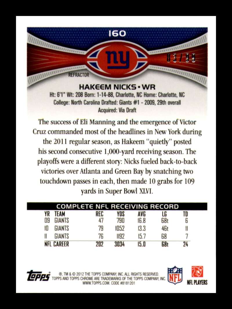 Load image into Gallery viewer, 2012 Topps Chrome Sepia Refractor Hakeem Nicks #160 New York Giants /99  Image 2
