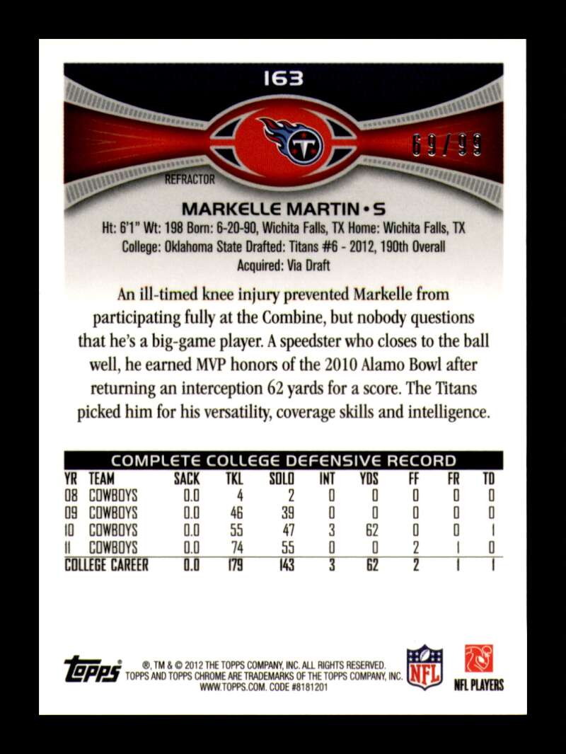 Load image into Gallery viewer, 2012 Topps Chrome Sepia Refractor Markelle Martin #163 Tennessee Titans Rookie RC /99  Image 2
