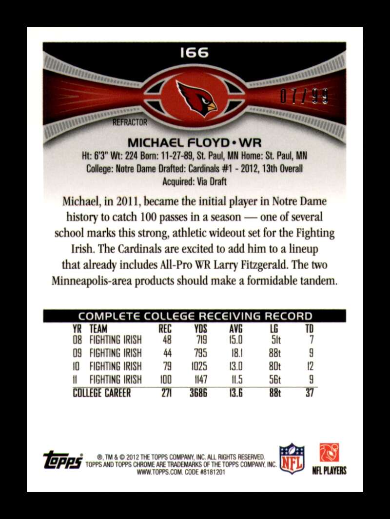 Load image into Gallery viewer, 2012 Topps Chrome Sepia Refractor Michael Floyd #166 Arizona Cardinals Rookie RC /99  Image 2
