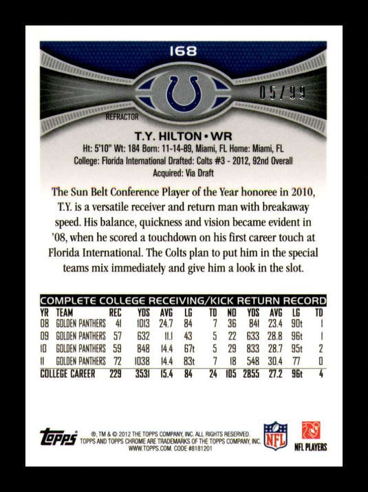 2012 Topps Chrome Sepia Refractor T.Y. Hilton