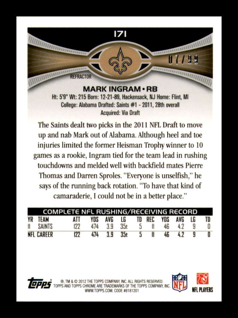 Load image into Gallery viewer, 2012 Topps Chrome Sepia Refractor Mark Ingram #171 New Orleans Saints /99  Image 2
