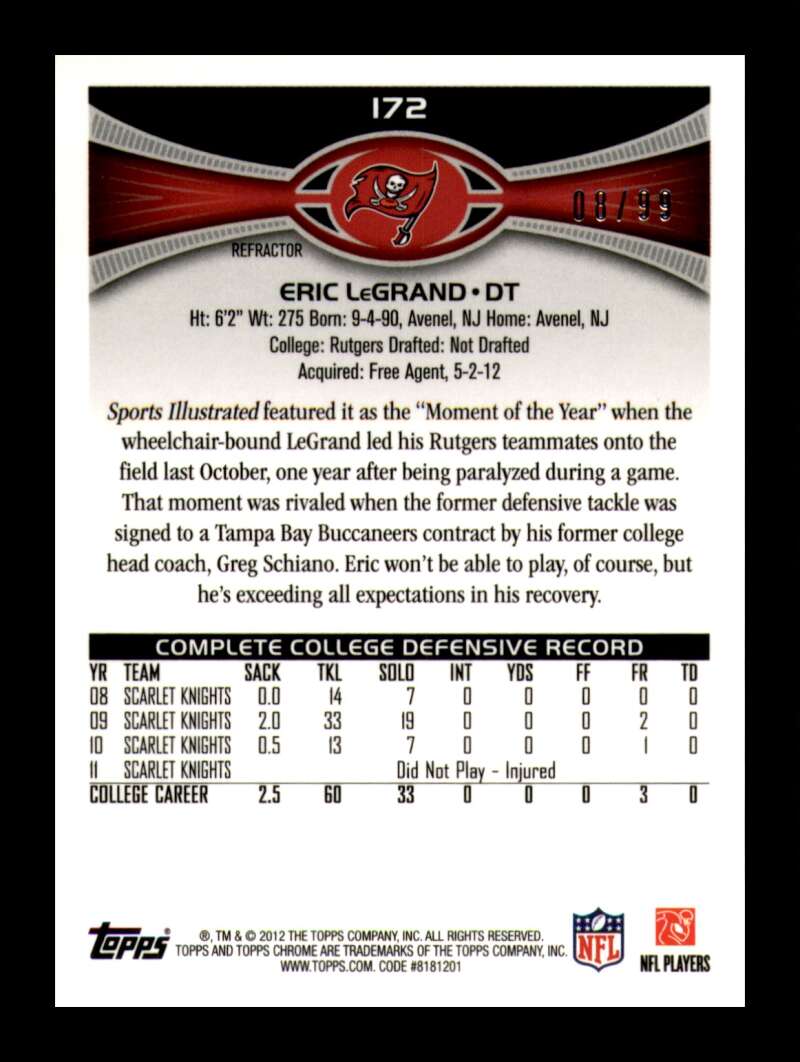 Load image into Gallery viewer, 2012 Topps Chrome Sepia Refractor Eric LeGrand #172 Tampa Bay Buccaneers Rookie RC /99  Image 2
