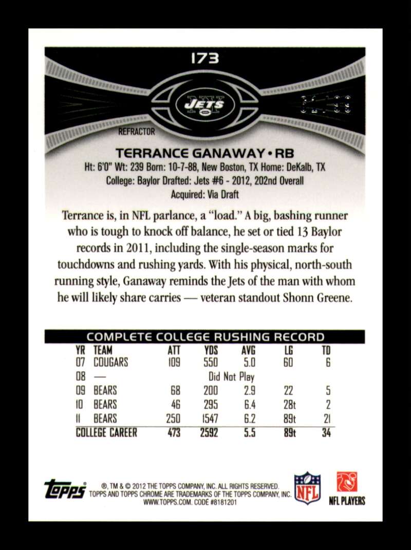 Load image into Gallery viewer, 2012 Topps Chrome Sepia Refractor Terrance Ganaway #173 New York Jets Rookie RC /99  Image 2
