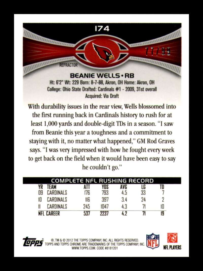 Load image into Gallery viewer, 2012 Topps Chrome Sepia Refractor Beanie Wells #174 Arizona Cardinals /99  Image 2
