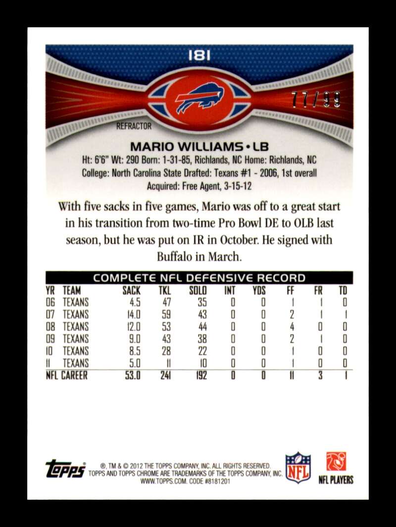 Load image into Gallery viewer, 2012 Topps Chrome Sepia Refractor Mario Williams #181 Buffalo Bills /99  Image 2
