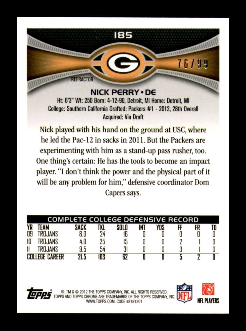 Load image into Gallery viewer, 2012 Topps Chrome Sepia Refractor Nick Perry #185 Green Bay Packers Rookie RC /99  Image 2
