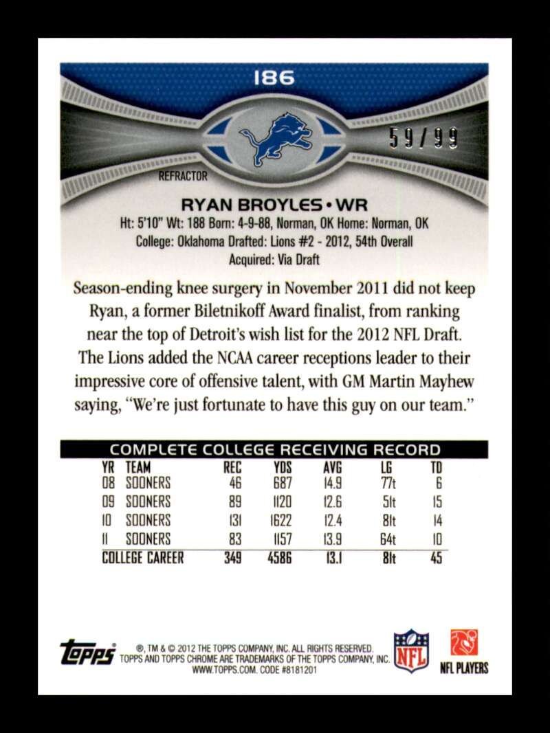 Load image into Gallery viewer, 2012 Topps Chrome Sepia Refractor Ryan Broyles #186 Detroit Lions Rookie RC /99  Image 2
