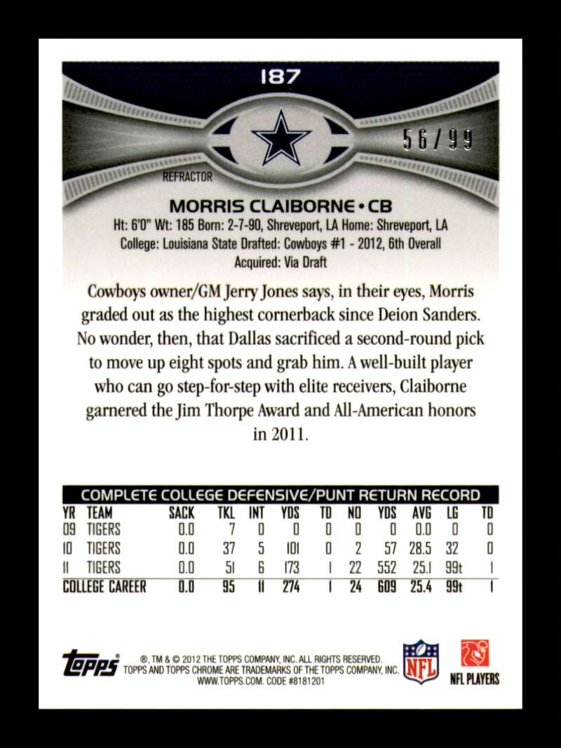 Load image into Gallery viewer, 2012 Topps Chrome Sepia Refractor Morris Claiborne #187 Dallas Cowboys Rookie RC  /99  Image 2
