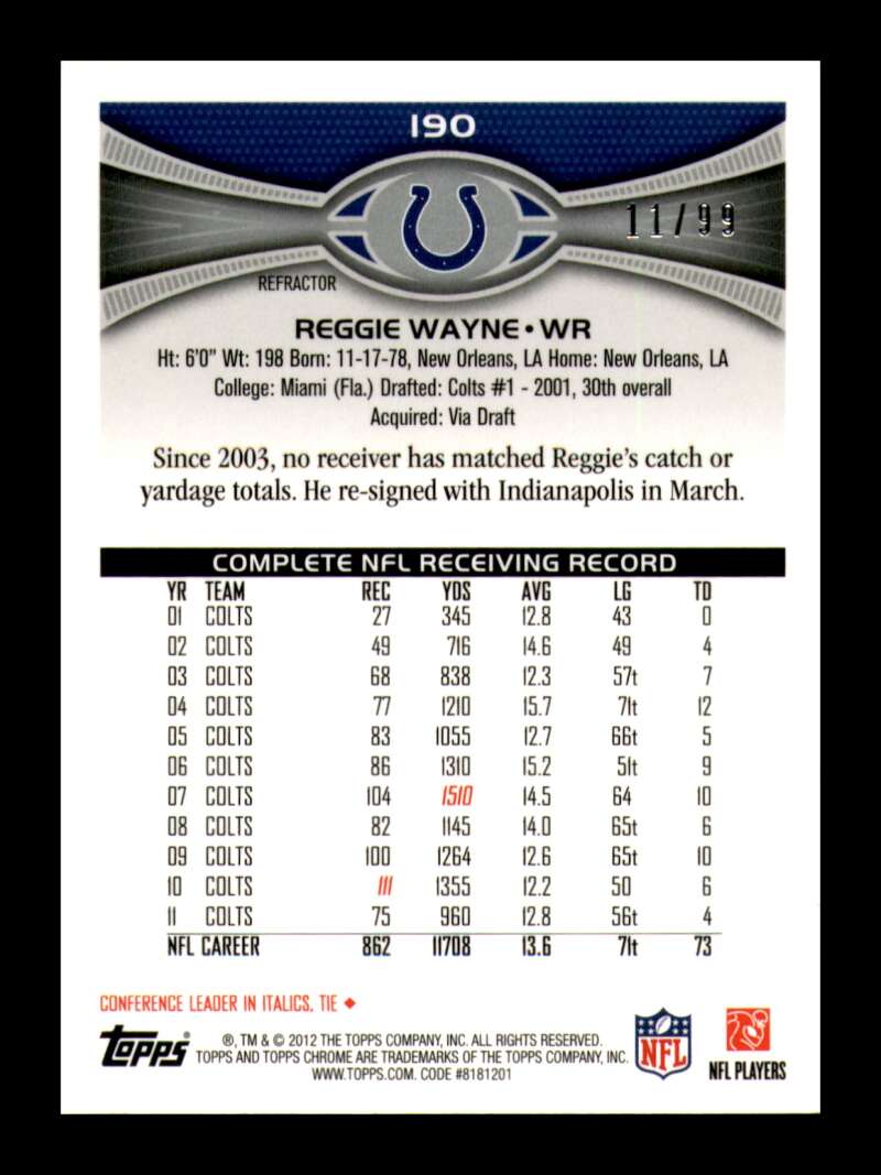 Load image into Gallery viewer, 2012 Topps Chrome Sepia Refractor Reggie Wayne #190 Indianapolis Colts /99  Image 2
