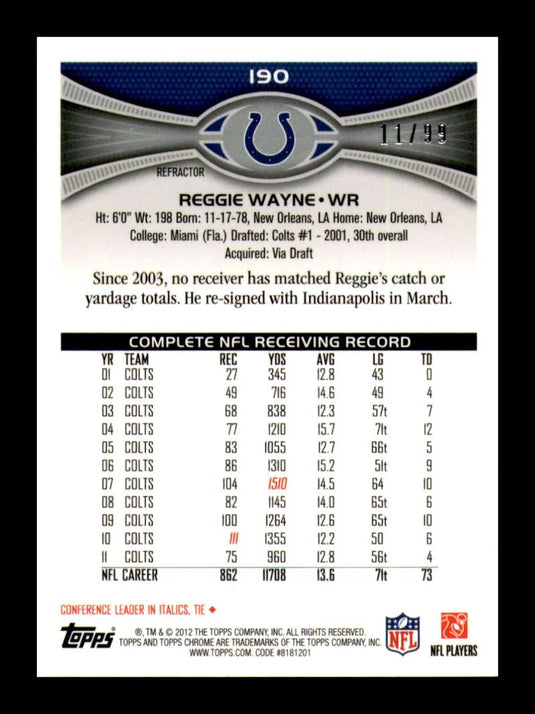 2012 Topps Chrome Sepia Refractor Reggie Wayne 