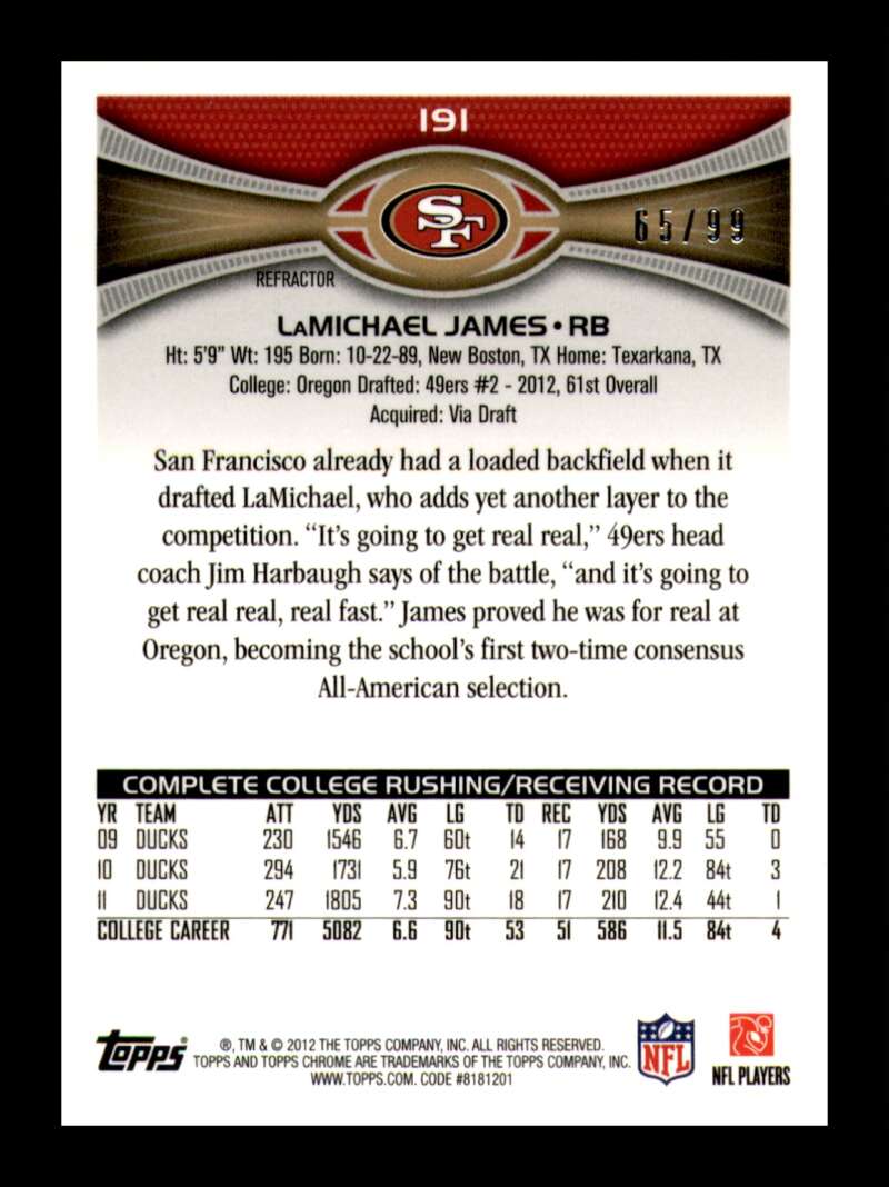 Load image into Gallery viewer, 2012 Topps Chrome Sepia Refractor LaMichael James #191 San Francisco 49ers Rookie RC /99  Image 2
