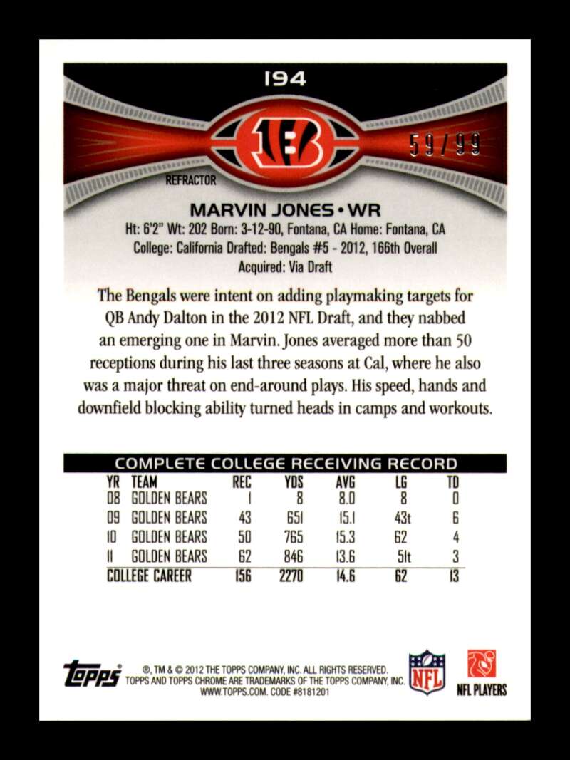 Load image into Gallery viewer, 2012 Topps Chrome Sepia Refractor Marvin Jones #194 Cincinnati Bengals Rookie RC /99  Image 2
