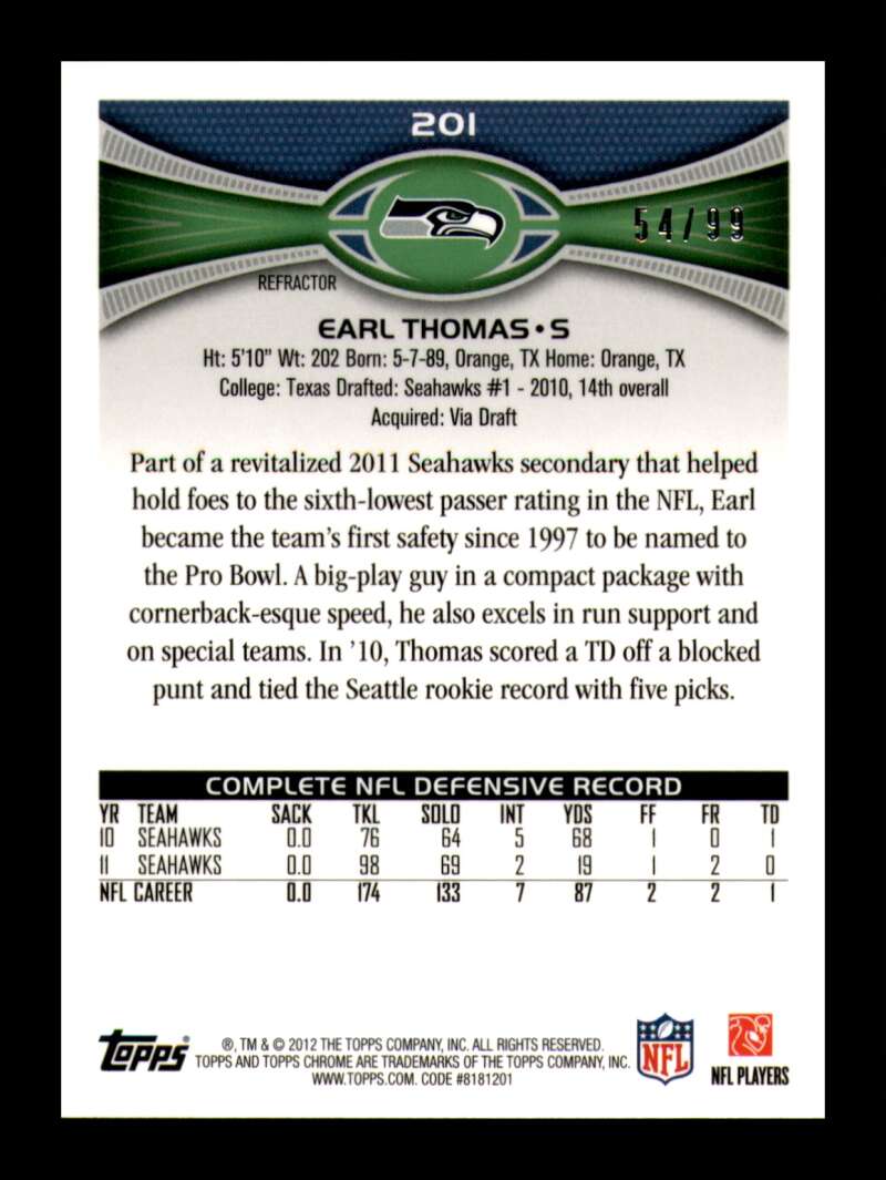 Load image into Gallery viewer, 2012 Topps Chrome Sepia Refractor Earl Thomas #201 Seattle Seahawks /99  Image 2
