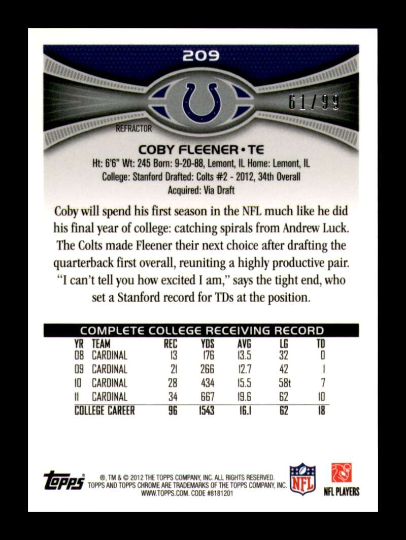 Load image into Gallery viewer, 2012 Topps Chrome Sepia Refractor Coby Fleener #209 Indianapolis Colts Rookie RC /99  Image 2
