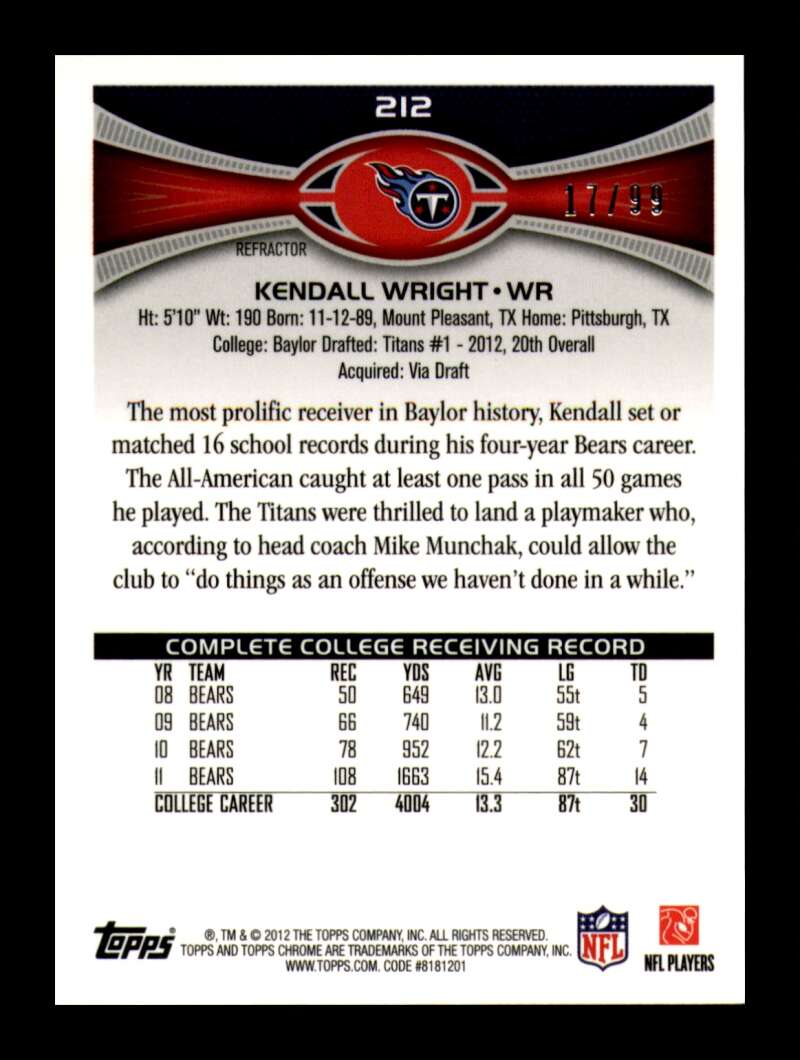 Load image into Gallery viewer, 2012 Topps Chrome Sepia Refractor Kendall Wright #212 Tennessee Titans Rookie RC /99  Image 2
