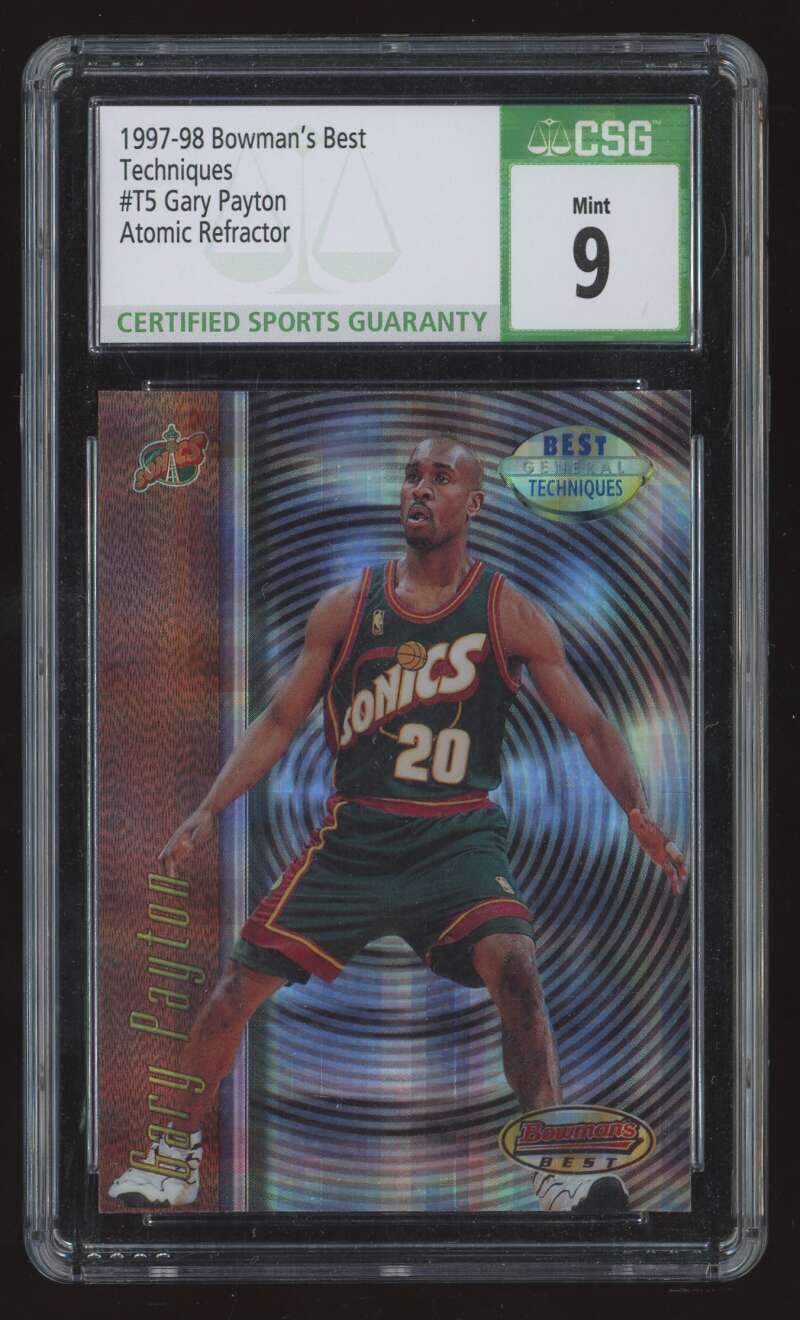 Load image into Gallery viewer, 1997-98 Bowman&#39;s Best Techniques Atomic Refractor Gary Payton #T5 Seattle SuperSonics CSG 9 Image 1
