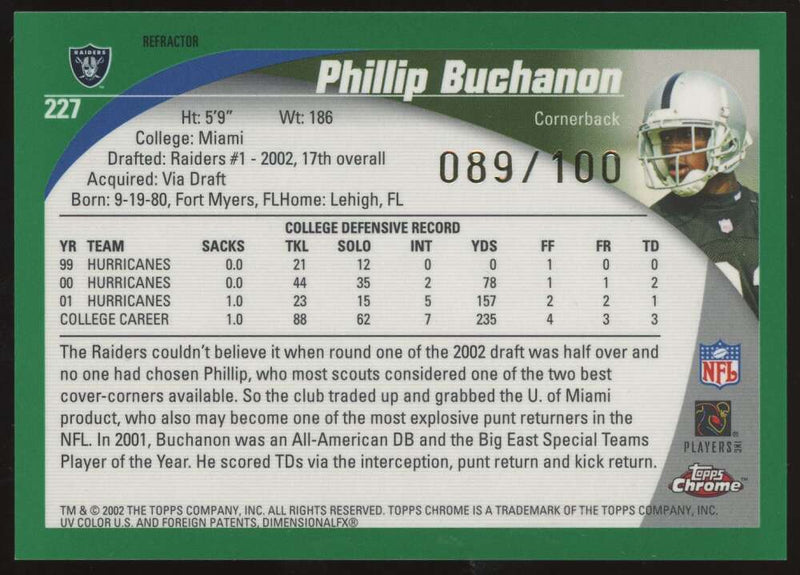 Load image into Gallery viewer, 2002 Topps Chrome Refractor Phillip Buchanon #227 Oakland Raiders Rookie RC /100  Image 2
