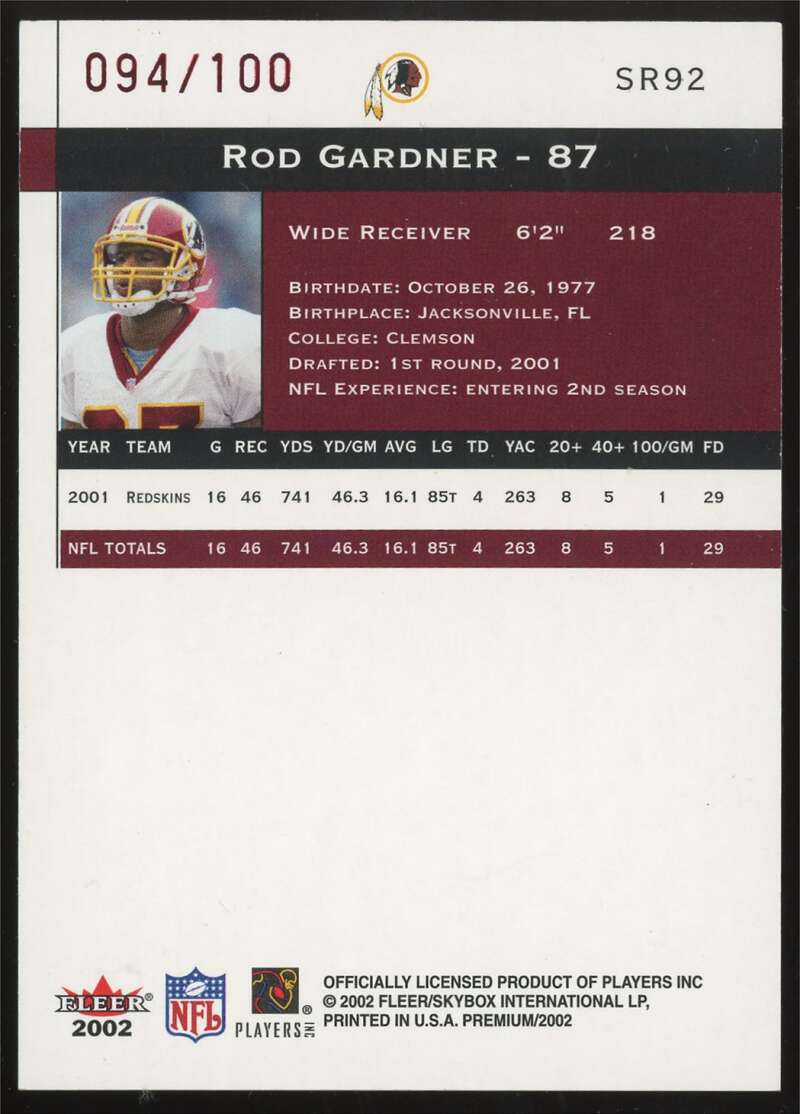 Load image into Gallery viewer, 2002 Fleer Premium Star Ruby Rod Gardner #SR92 Washington Redskins /100  Image 2
