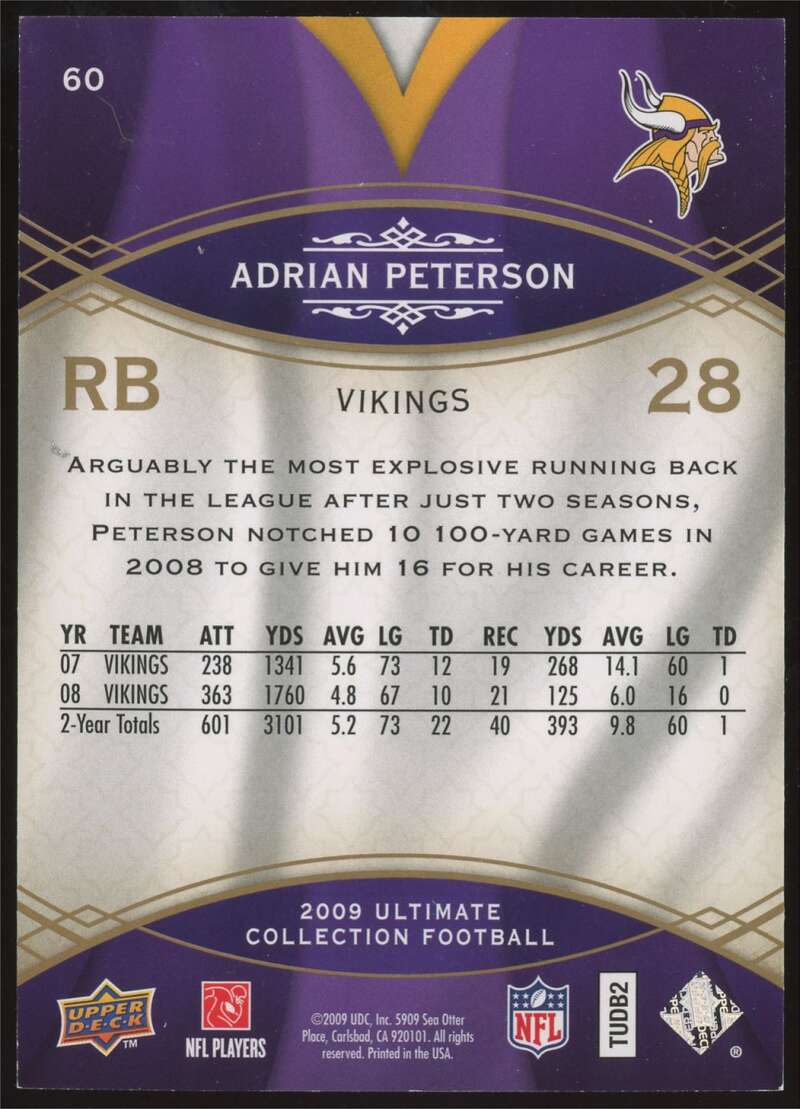 Load image into Gallery viewer, 2009 Upper Deck Ultimate Collection Adrian Peterson #60 Vikings /375  Image 2
