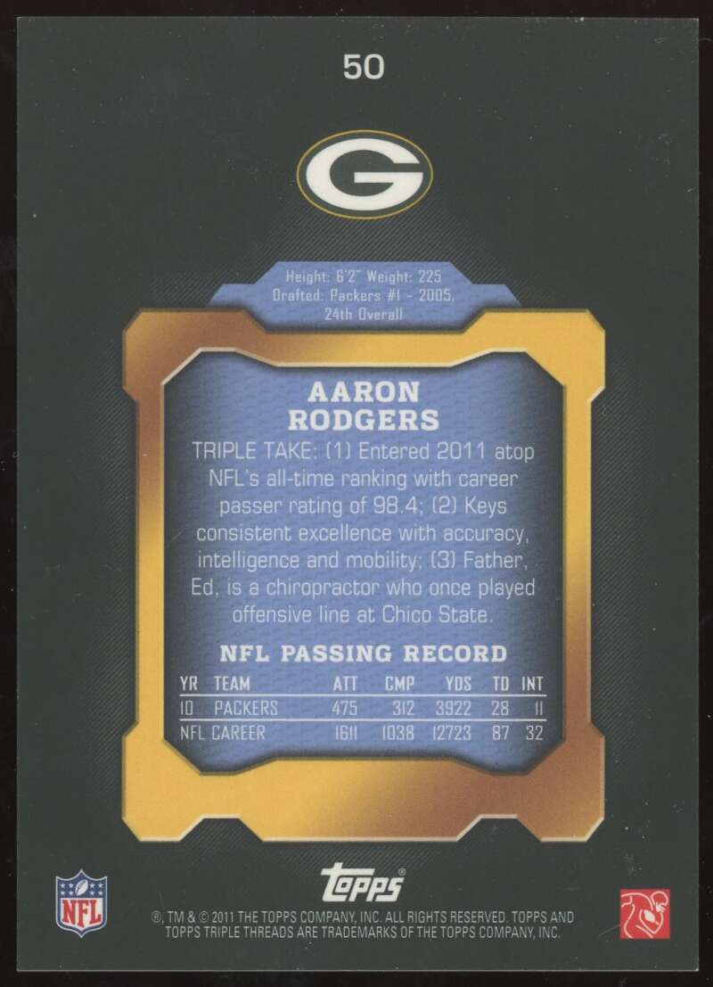 Load image into Gallery viewer, 2011 Topps Triple Threads Aaron Rodgers #50 Green Bay Packers /999  Image 2
