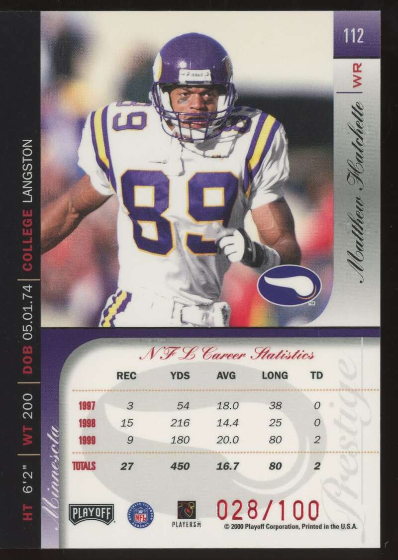 Load image into Gallery viewer, 2000 Playoff Prestige Spectrum Red Matthew Hatchette #112 Minnesota Vikings /100  Image 2
